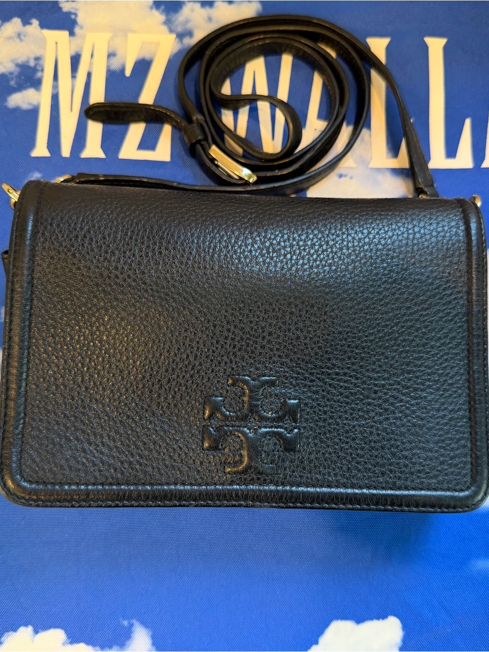 Tory Burch Black Pebbled Leather Crossbody Wallet with soft gold hardware